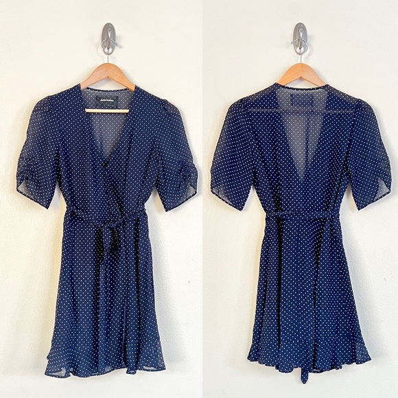 REFORMATION Button Polka Dot Mini Wrap Dress in Navy Blue - Picture 4 of 7